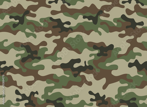 Print Camouflage seamless pattern. Trendy style camo, repeat print. Vector illustration. Khaki texture, military army green hunting