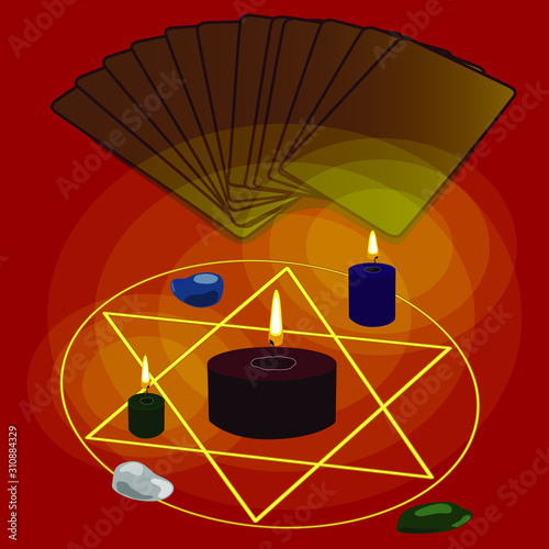 Magic and esotericism. .Fortune-telling on runes and maps .candles, stones, Pentacles. Book of fate. Dark, mysterious . vector.