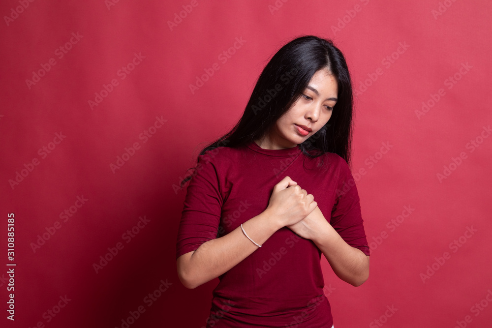 Young Asian woman got chest pain. Young Asian woman got chest pain.