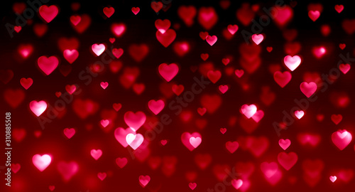 Red hearts on black background, gradient, bright, glow, glitter, holiday, wedding, romance, Valentine's day, love, many hearts, bokeh background