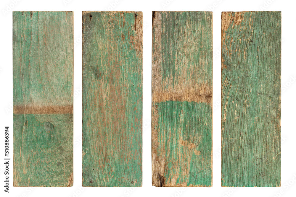 Obraz premium Wood plank painted weathered damaged set (with clipping path) isolated on white background