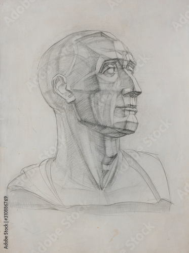 old paper's student's drawing of roman head Niccolo da Uzzano by Donatello, education of drawing classic process