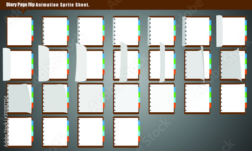 Diary Page Flip Animation sprite sheet. Page Flip Animation Frame Vector Illustration.