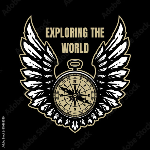 Exploring the world. Compass and wings, sign, symbol on a dark background. Vector illustration.