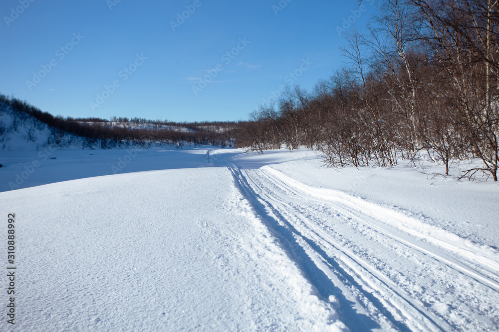 Track for winter sports. Road for snowmobiles, dog sledding and skiing. Winter sunny northern landscape. Norway