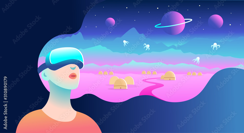 Woman wearing virtual reality goggles and seeing the cosmic landscape, Vector illustration Woman wearing virtual reality goggles and seeing the cosmic landscape, Vector illustration