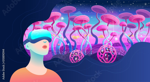 Woman wearing virtual reality goggles and seeing the cosmic landscape, Vector illustration