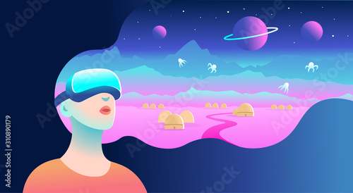 Woman wearing virtual reality goggles and seeing the cosmic landscape, Vector illustration