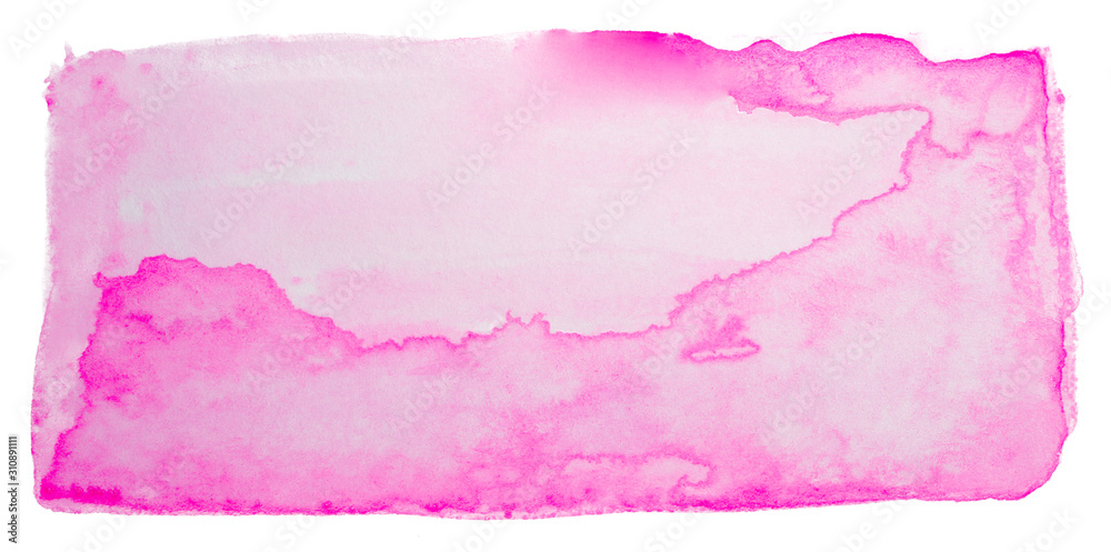Obraz premium watercolor pink rectangular element for design stain drawn by brush on paper paint overflow. Isolated on white background.