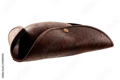 Halloween costume, masquerade disguise and vintage pirate costume conceptual idea retro brown tricorn hat isolated on white background with clipping path cutout using ghost mannequin technique photo