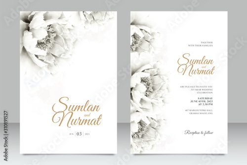 Minimalist wedding card set template with peonies watercolor