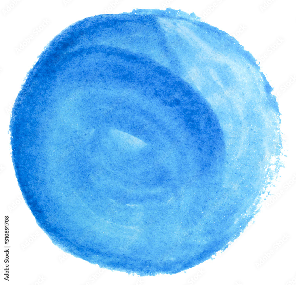 watercolor blue stain a circle drawn by brush on paper. Isolated on white background. watercolor blue stain a circle drawn by brush on paper. Isolated on white background.