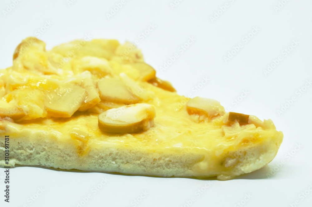 piece of pizza topping sausage and cheese on white background