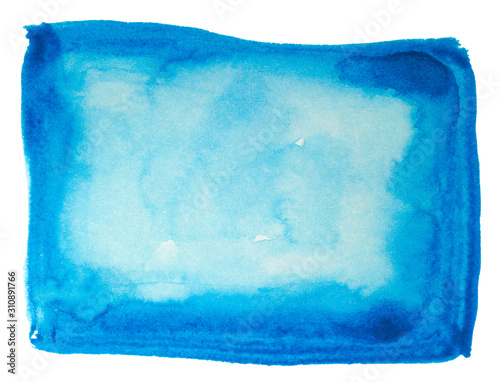 watercolor blue stain rectangular element for design drawn by brush on paper. Isolated on white background.
