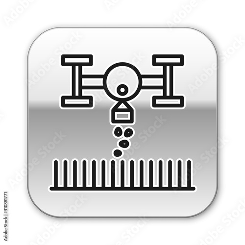 Black line Smart farm with drone control for seed planting icon isolated on white background. Innovation technology for agricultural company. Silver square button. Vector Illustration
