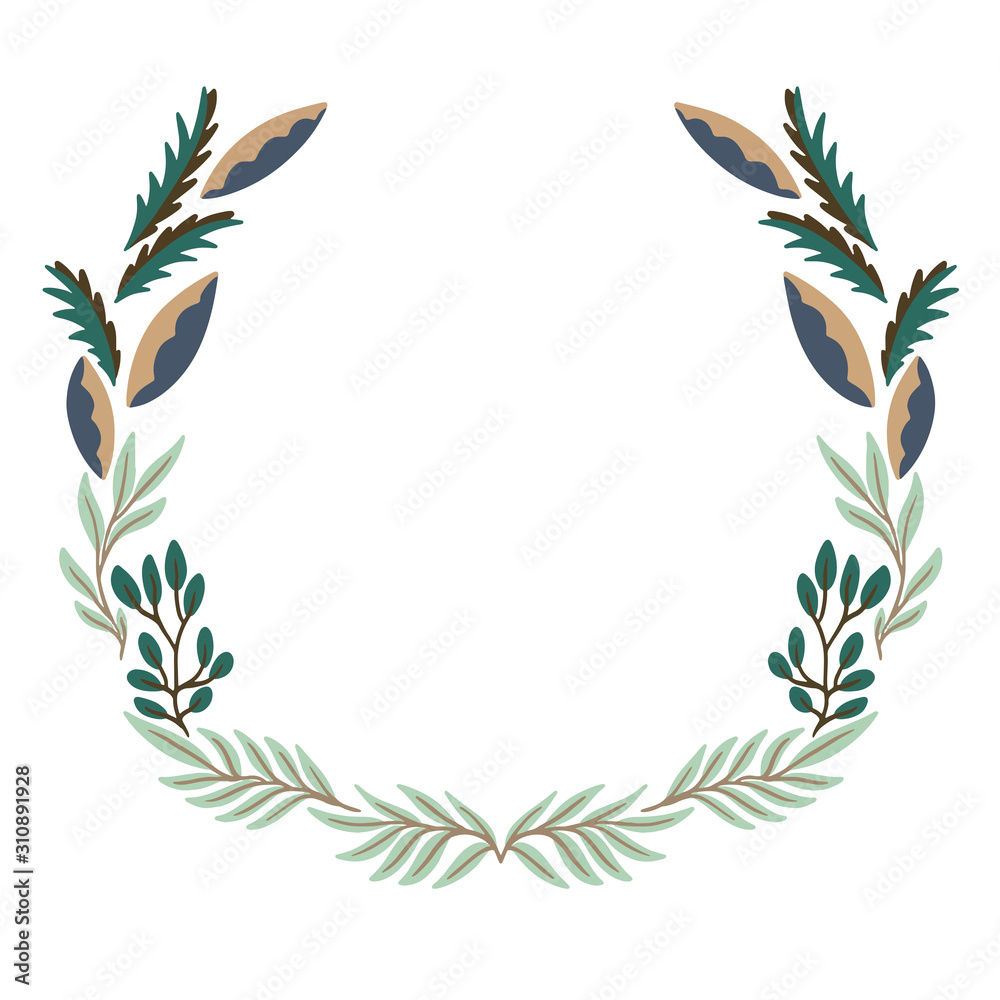 Round Frame with flowers and leaves on white background. Vector illustration