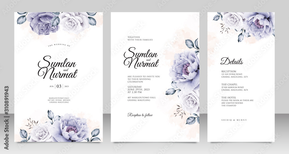 Wedding invitation card template with peonies aquarel