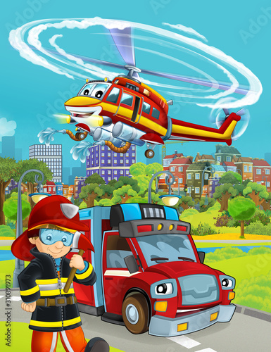 cartoon scene with fire brigade car vehicle on the road and fireman worker - illustration for children