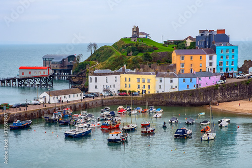 Colorful harbor houses in Tenby, Wales, UK photo