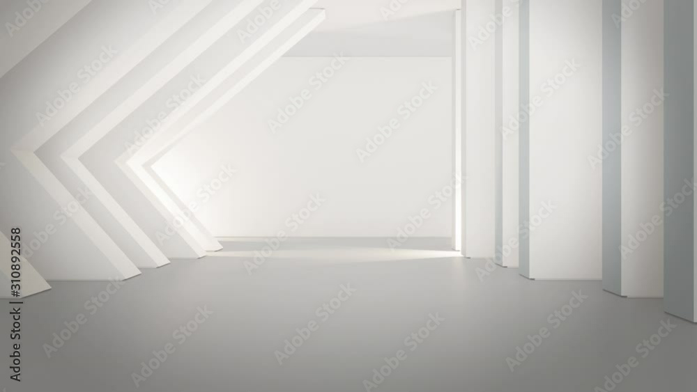 Geometric shapes structure on empty concrete floor with white wall in big hall or modern showroom. Interior 3d illustration of future technology architecture for loop animation abstract background.