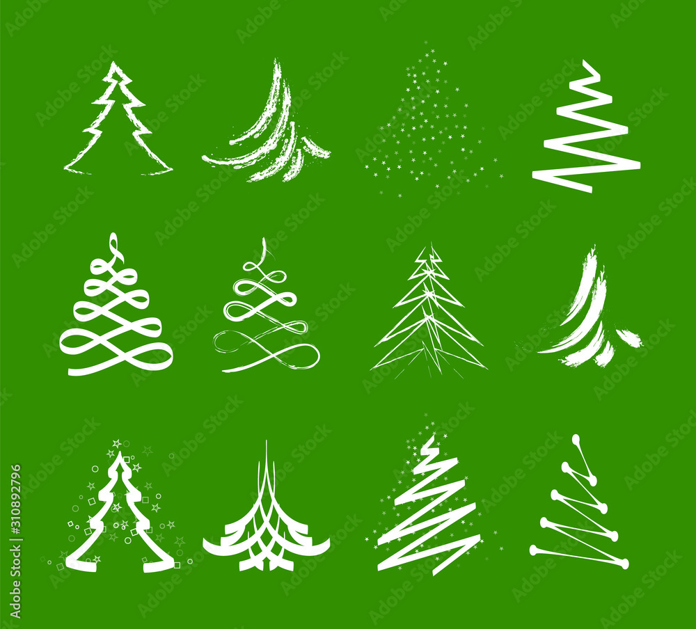 Set of abstract Christmas Trees. Unusual fir-tree icons set. New Year elements for calendar and decoration.
