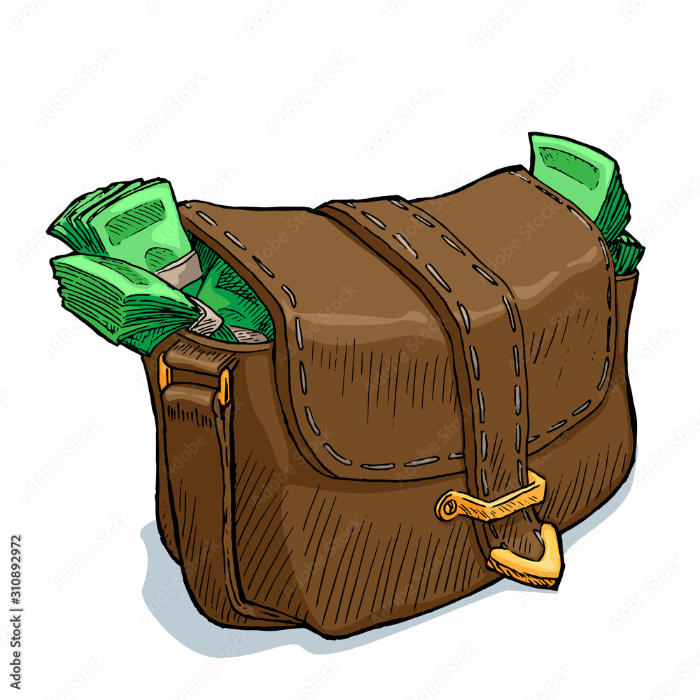Closed leather bag full of money. Stock Vector