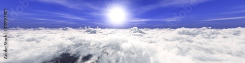 Cloud panorama, view above the clouds, 3D rendering.