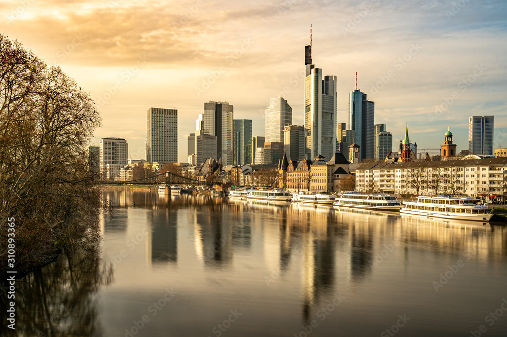 frankfurt skyline with reflections in the main river, frankfurt am main, germany