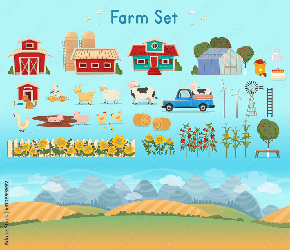 Farm Set. Farm panorama with a greenhouse, barn, houses, mills, fields, trees, sunflowers, tomatoes, corn, haystacks, doghouse with dog, chickens, goose, storks in a nest, goat, sheep, cow, pigs, milk