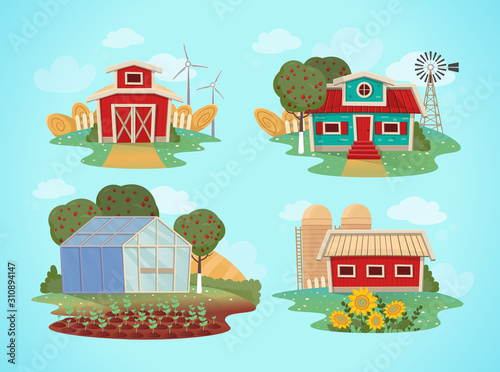 Set of farm houses.  greenhouse, barn, house with a mill. Vector illustration in flat cartoon style.