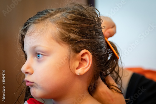 cute little girl is being combed by her mother 