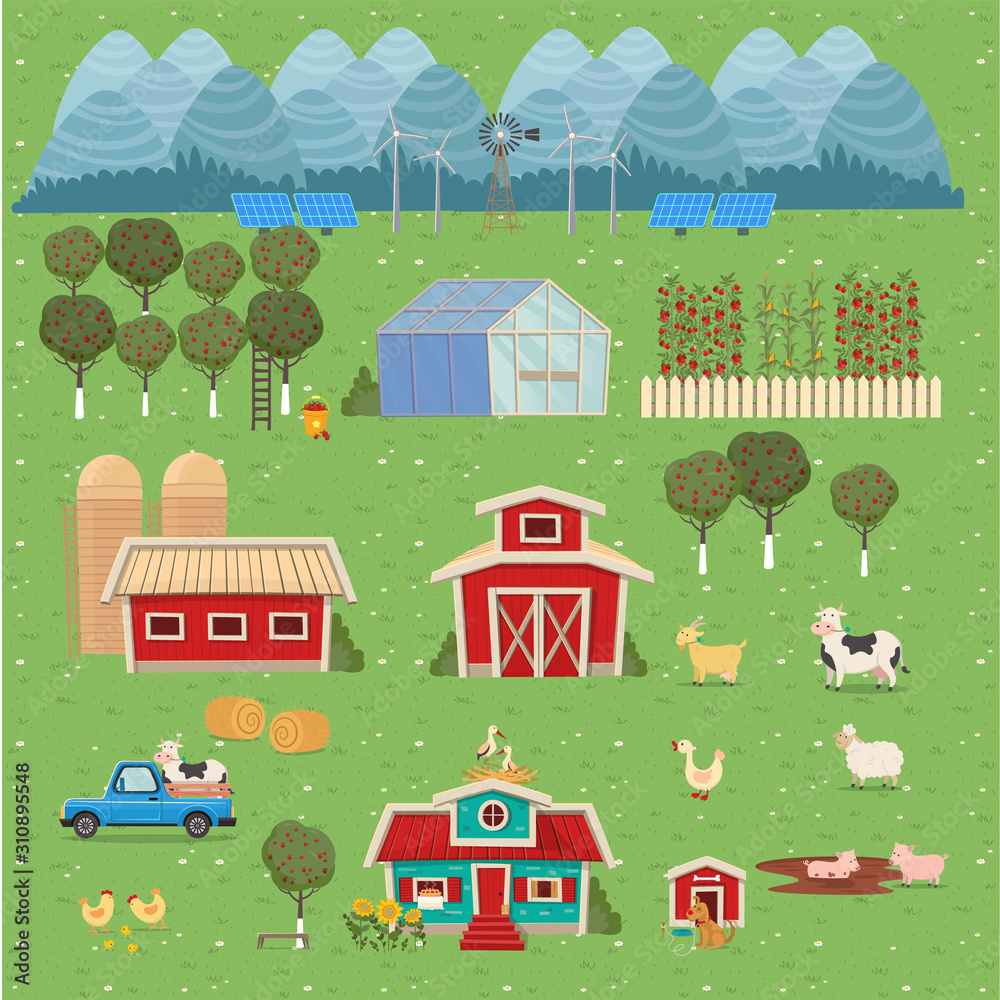 Set of farm houses, greenhouse, barn, house with a mill. Vector illustration in flat cartoon style.