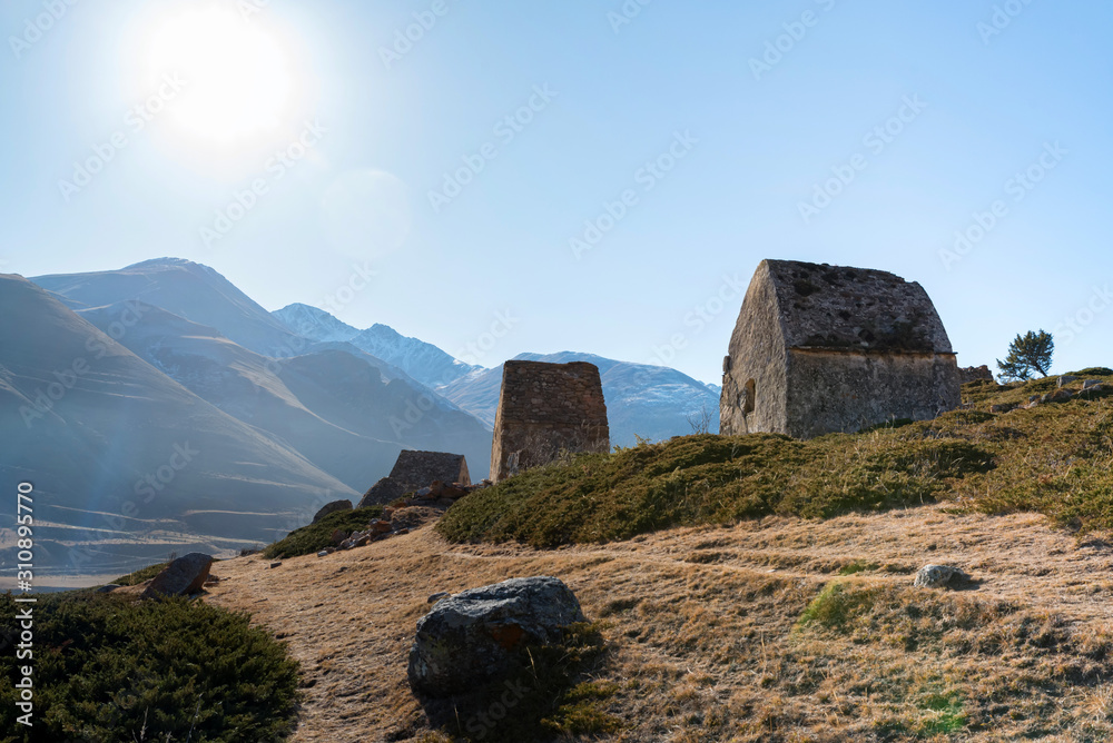 View of medieval tombs in City of Dead near Eltyulbyu, Sunny Russia in autumn