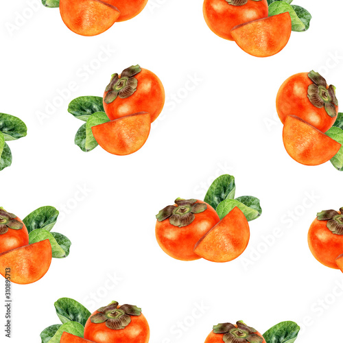 Persimmon fruit hand drawn watercolor seamless pattern.