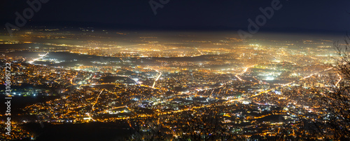 Panoramic view to Sofia city at night. View from Kopitoto hill in Vitosha mountain, Bulgaria