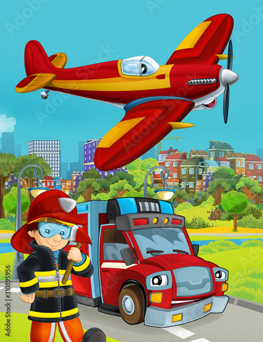 cartoon scene with fire brigade car vehicle on the road and fireman worker - illustration for children