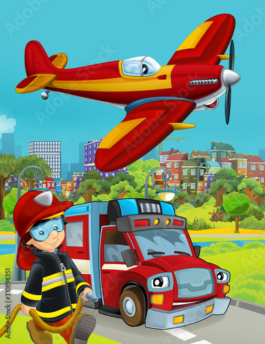 cartoon scene with fire brigade car vehicle on the road and fireman worker - illustration for children