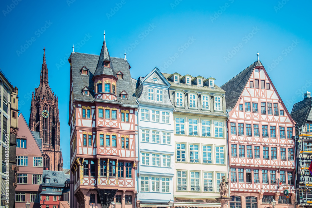 Under the blue sky, Frankfurt, Germany is a tourist city with colorful buildings.