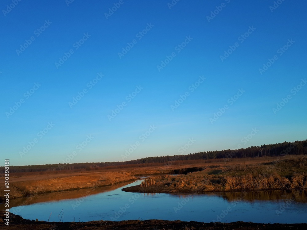 river in autumn, near which yellowed trees, reeds and bushes, against the blue sky river in autumn, near which yellowed trees, reeds and bushes, against the blue sky