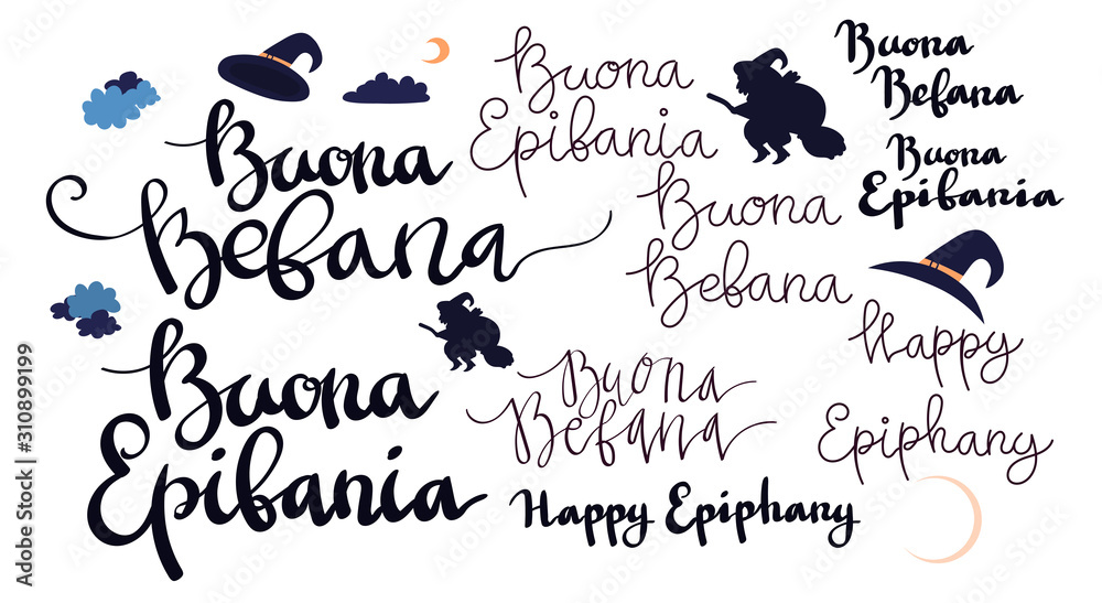 Buona Befana Happy Epifania greeting card template set with handwritten lettering, old witch flying on a broom in the night to bring presents. Vector illustration. Phrase translation: Happy Epiphany