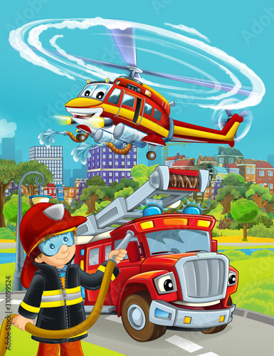 cartoon scene with fire brigade car vehicle on the road and fireman worker - illustration for children