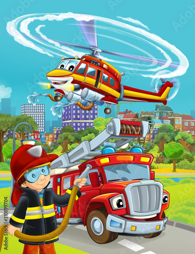 cartoon scene with fire brigade car vehicle on the road and fireman worker - illustration for children