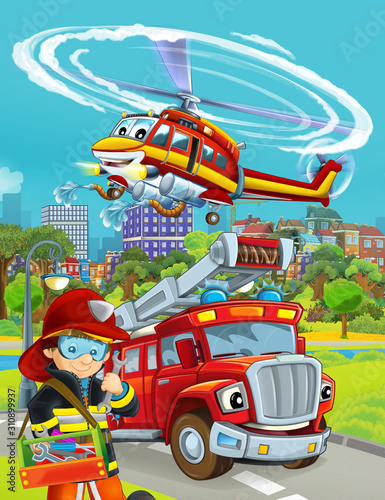Fototapeta Naklejka Na Ścianę i Meble -  cartoon scene with fire brigade car vehicle on the road and fireman worker - illustration for children