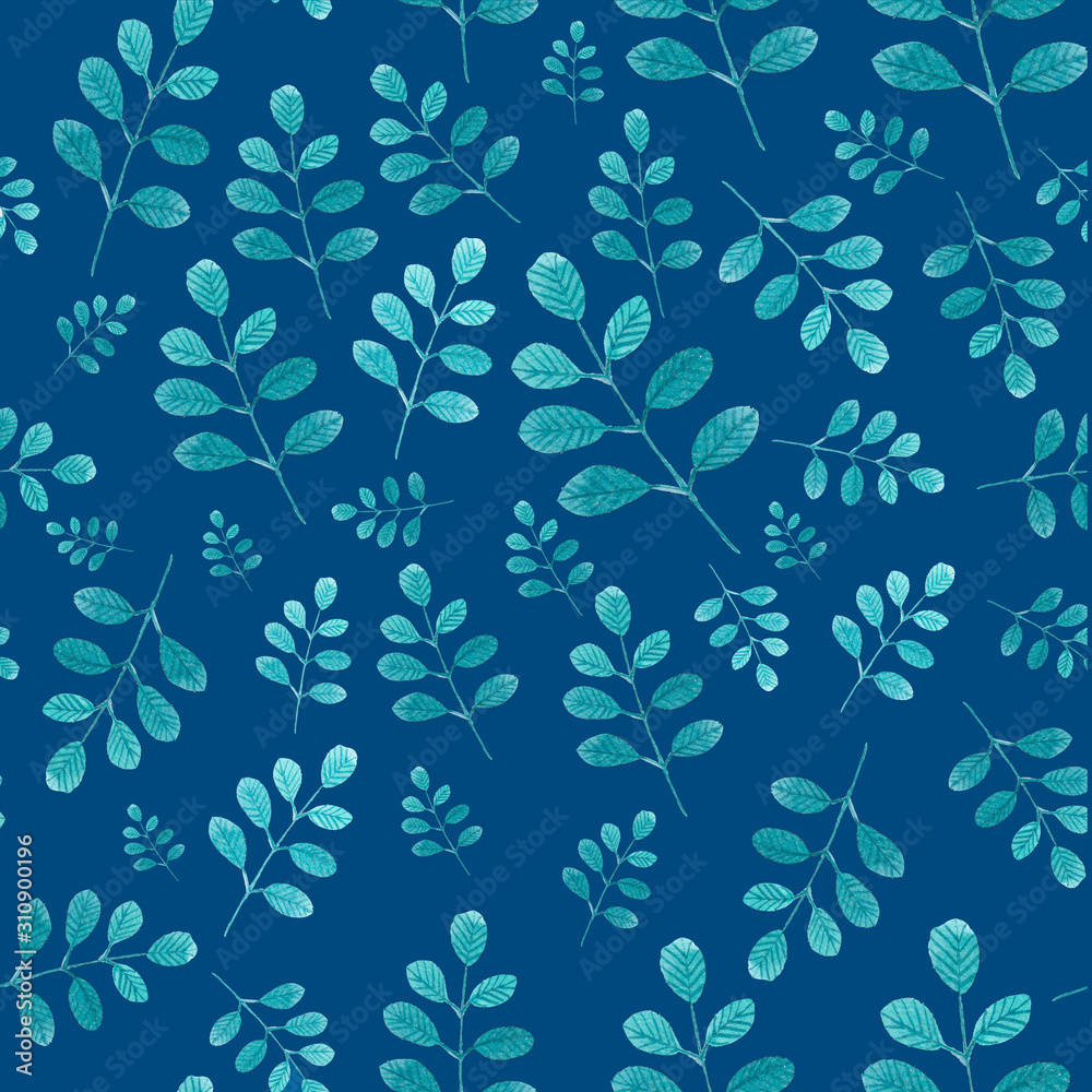 watercolor seamless pattern with emerald leaves on classic blue background