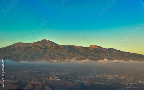 Aerial shot of Santa Cruz de Tenerife island and mount Teide