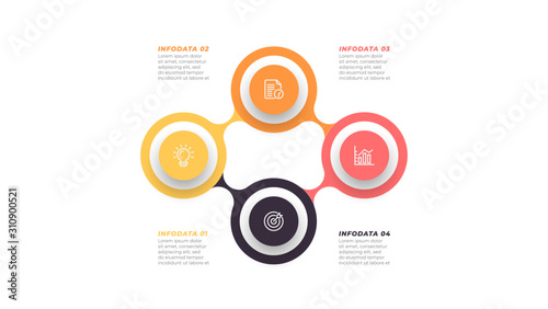 Vector infographics timeline design template with circles label. Business concept with 4 steps, options, cycle. Can be used for workflow layout, diagram, annual report, presentation.