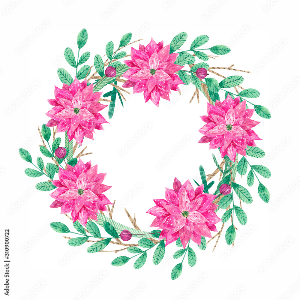 Celebration  border,menu template , frame with pink poinsettia, leaves, berries,hearts and pine branches  isolated on white background. Christmas card