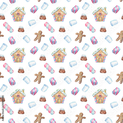 Fototapeta Naklejka Na Ścianę i Meble -  watercolor pattern with gingerbread men, gingerbread houses, sweet marshmallows on a white background. Cartoon illustration for Christmas and New Year