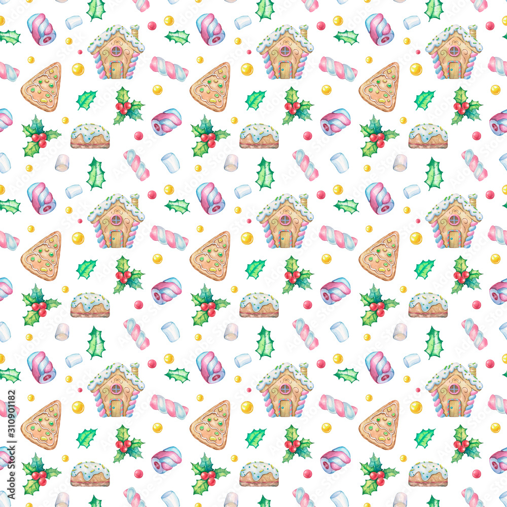 watercolor pattern with gingerbread houses, sweet marshmallows, round gingerbread, candies, herringbone, mistletoe and holly on a white background. Cartoon illustration for Christmas and New Year watercolor pattern with gingerbread houses, sweet marshmallows, round gingerbread, candies, herringbone, mistletoe and holly on a white background. Cartoon illustration for Christmas and New Year