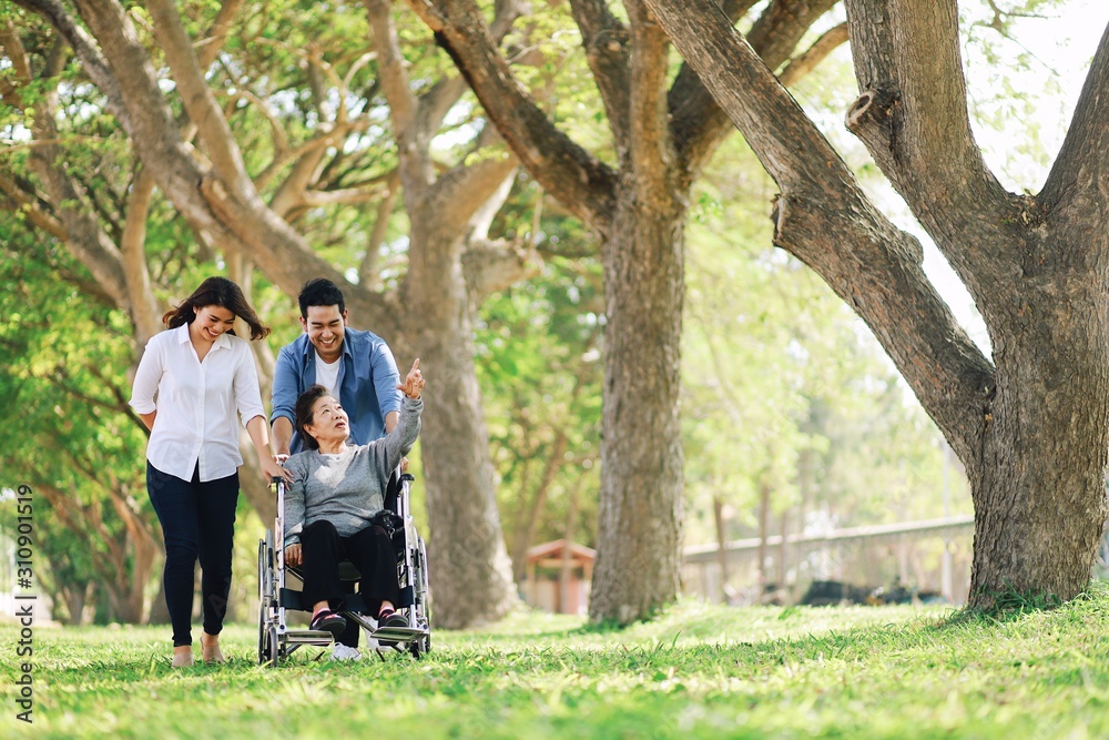 Elderly woman in wheelchair taking with her daughter and son in park Elderly woman in wheelchair taking with her daughter and son in park